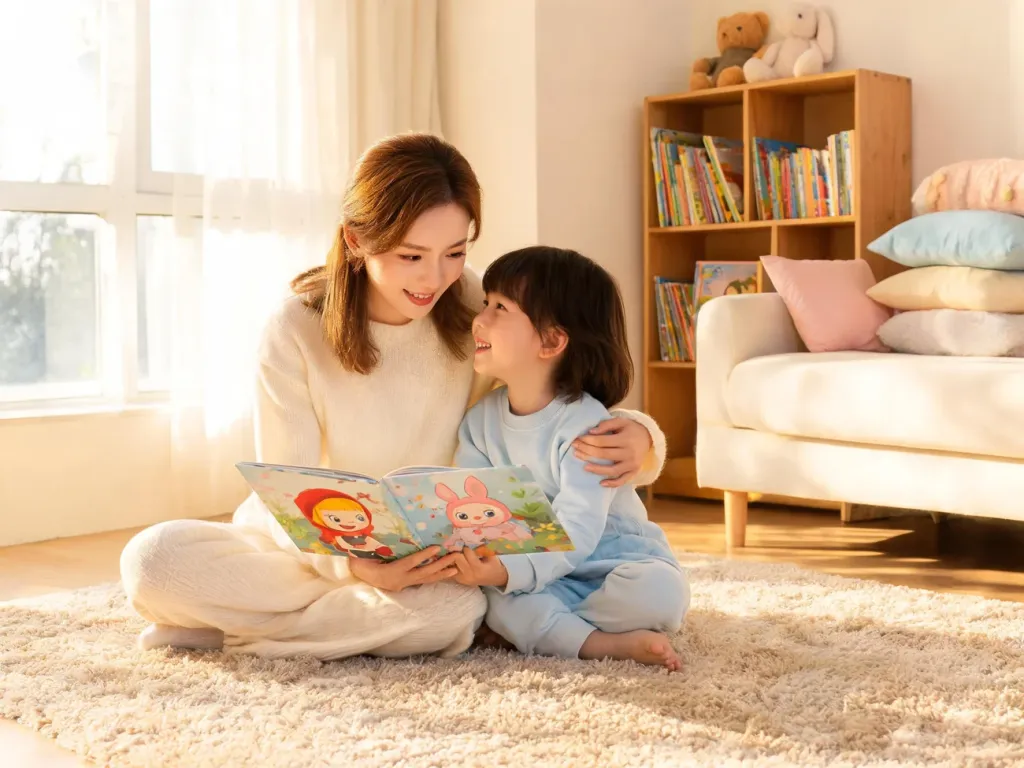 Mama rozmawia z dzieckiem o emocjach podczas wspólnego czytania kolorowej książki z bohaterami bajek.